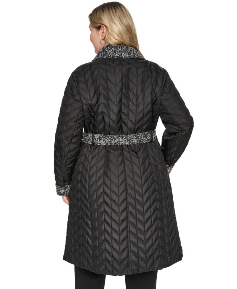 Plus Size Long Quilted Tweed-Trim Coat