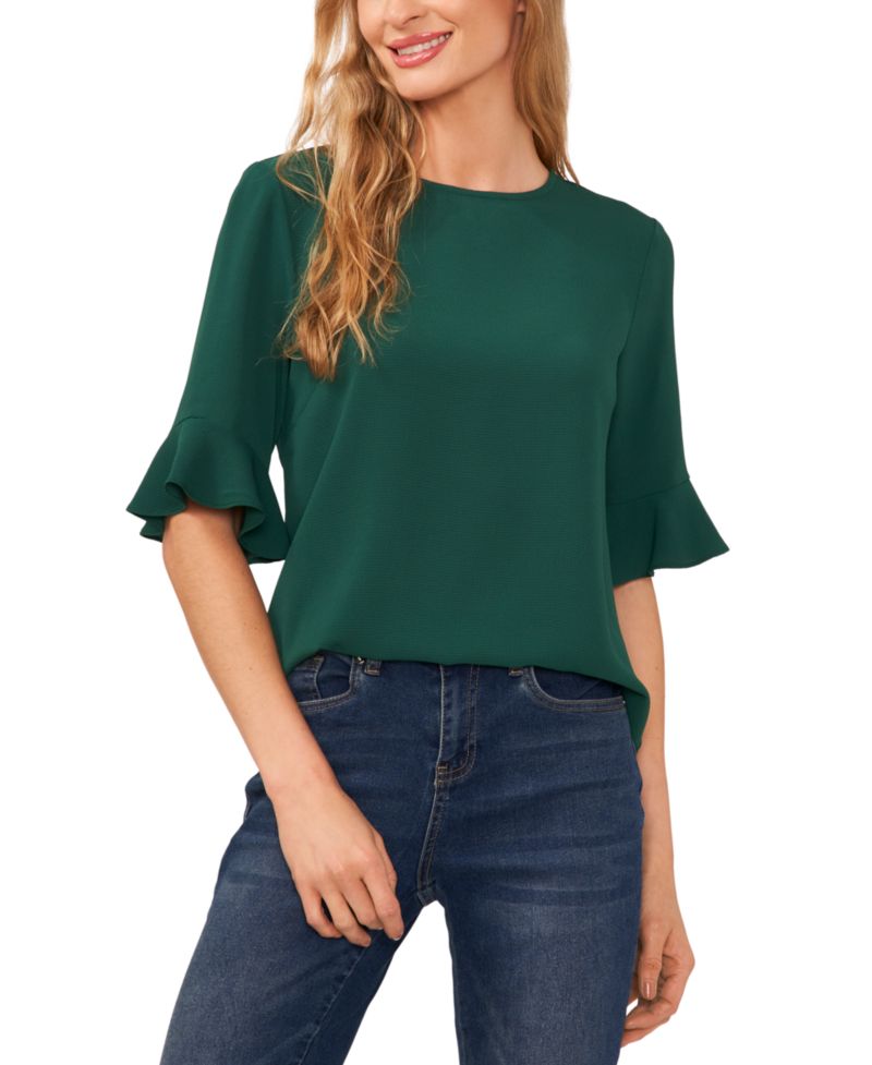 Women's Crewneck 3/4-Sleeve Ruffled Cuff Blouse