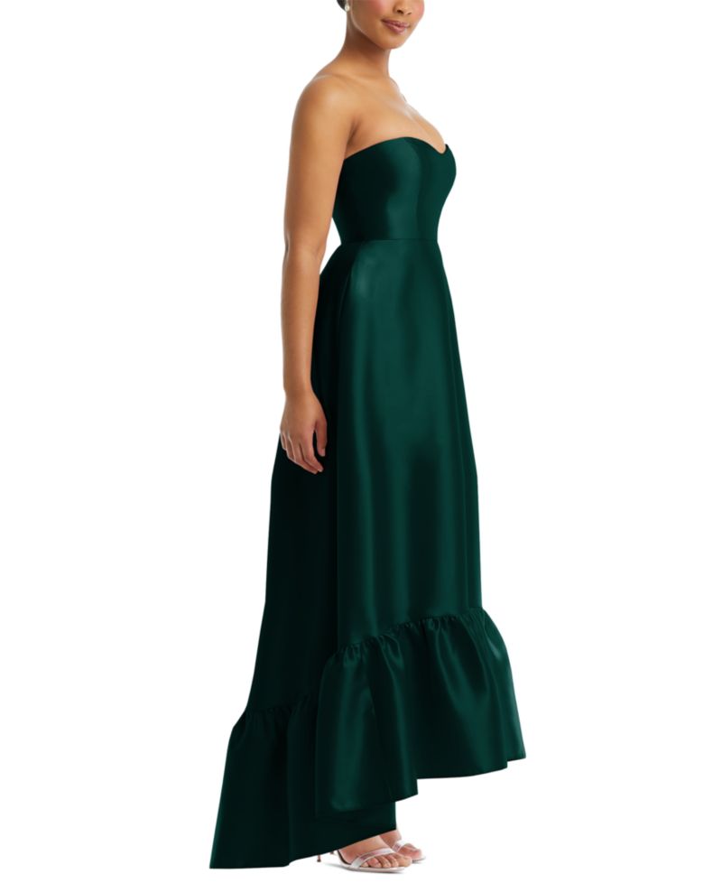 Women's Strapless Deep Ruffle Hem Satin High Low Dress with Pockets