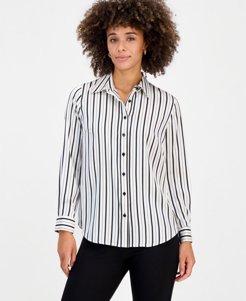 Petite Collared Button-Front Long-Sleeve Blouse