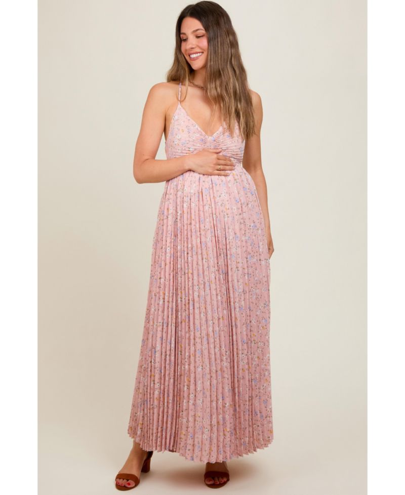 Women's Light Pink Floral Pleated Back Cutout Maxi Dress