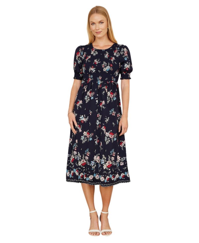 Women's Smocked Bodice Floral Ruched Midi Dress