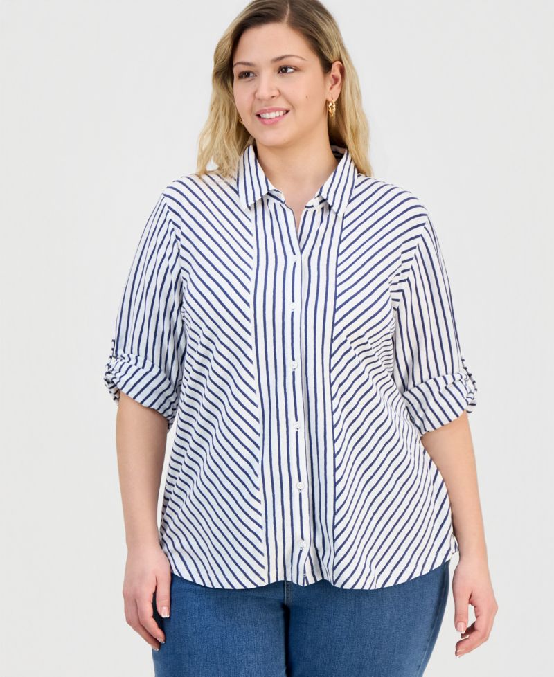 Petite Collared Neck Button-Down Top