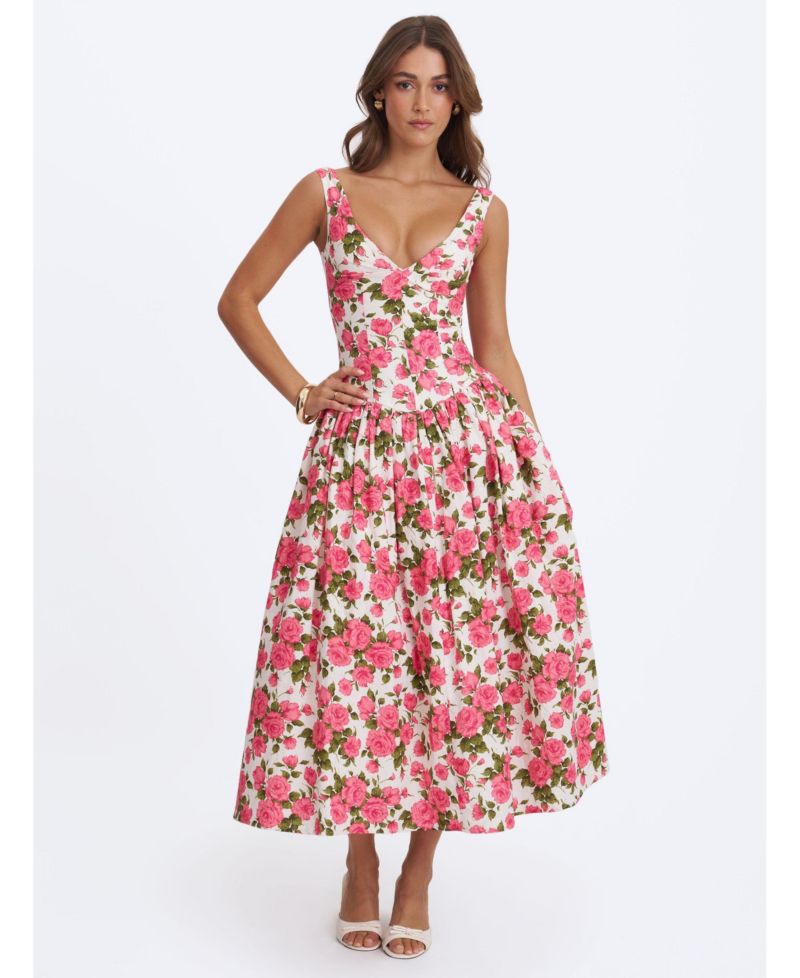 Women Wilfreda Blooming Pink Floral Linen Sweetheart Midi Dress