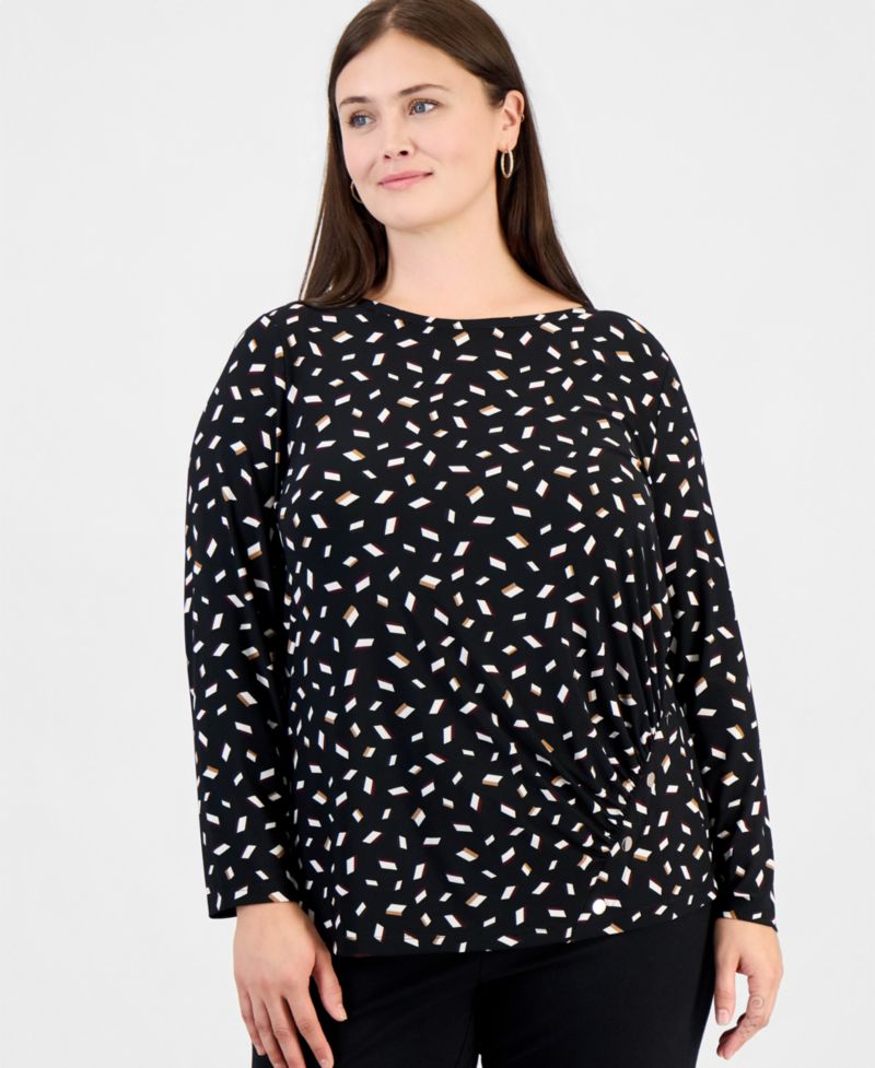 Plus Size Long-Sleeve Boat-Neck Ruched Blouse