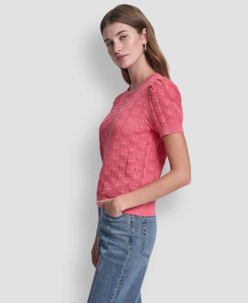 Women's Short Sleeve Crew Neck Lace Pointelle Sweater