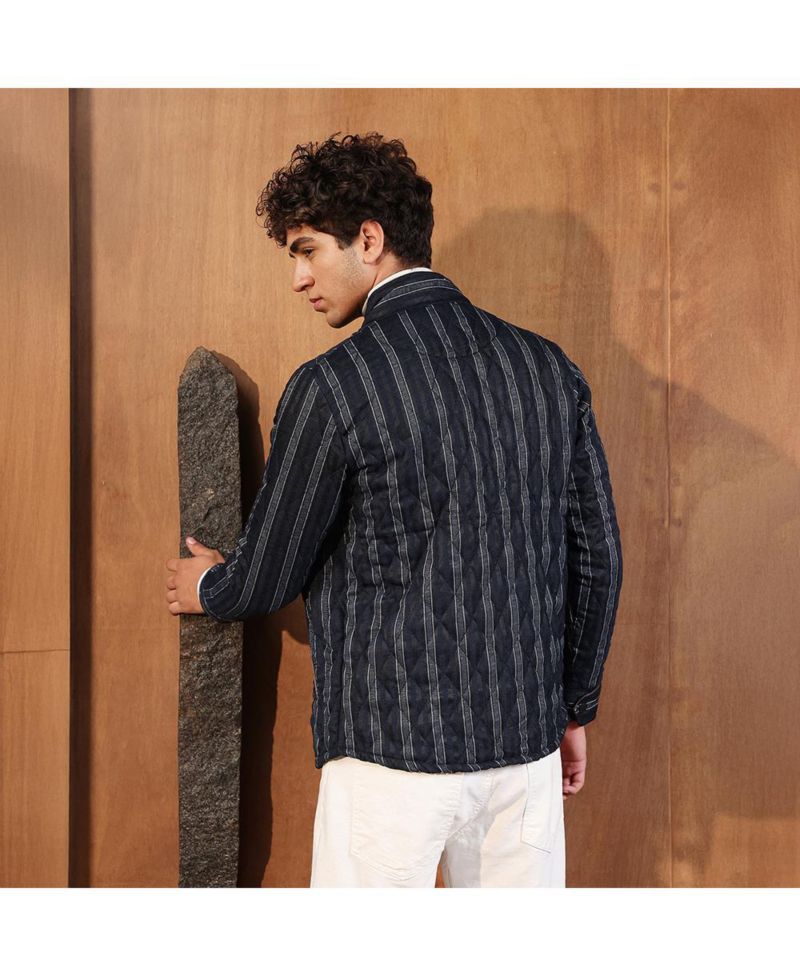 Men's Navy Blue Woven-Striped Quilted Jacket