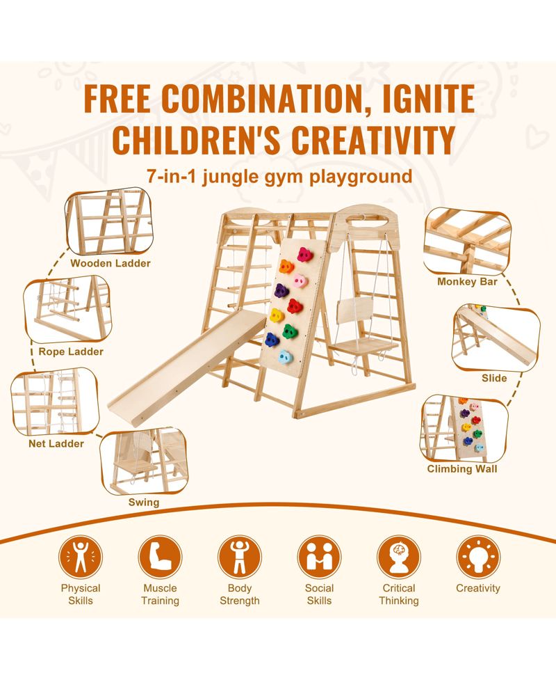 Toddler Indoor Playground 7-in-1, Wooden Climber with Rope Ladder, Slide & Swing