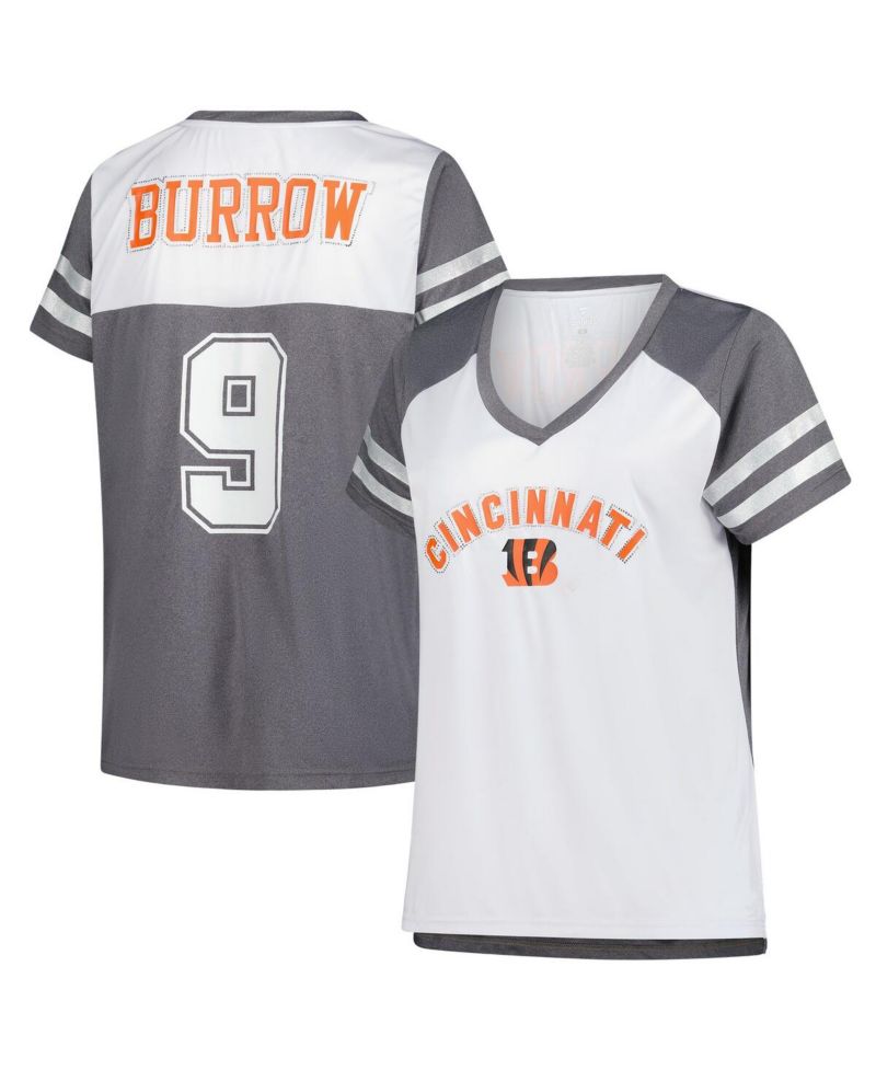 Women's Joe Burrow White Cincinnati Bengals Plus Size Bling Raglan V-Neck T-Shirt