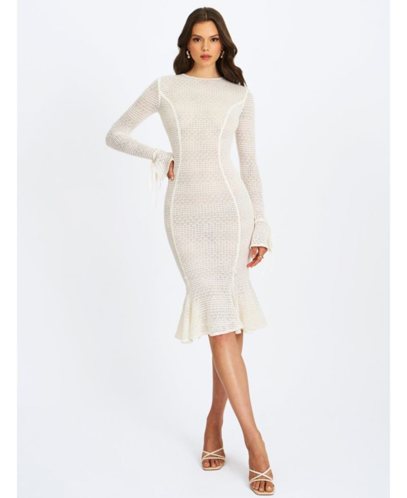 Women's Pamina Beige Crochet Long Sleeve Flare Mermaid Dress