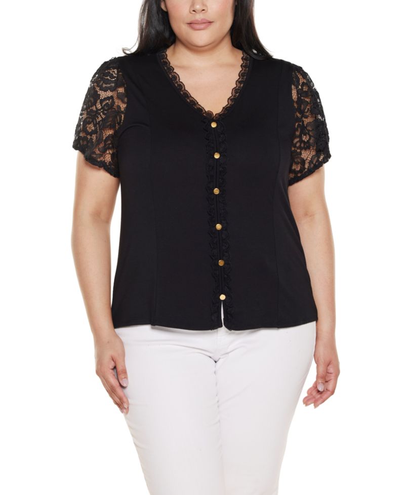 Plus Crochet Lace Sleeve V-Neck Top