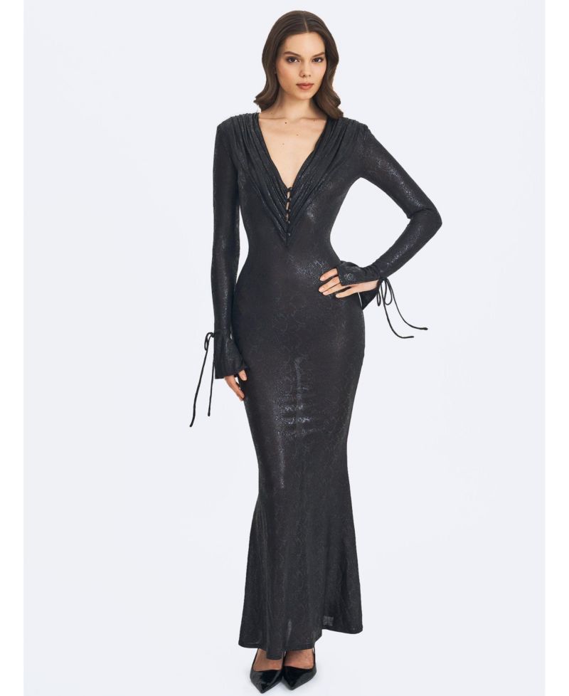 Women's Ilysia Black V-Neck Plunge Snakeskin Mermaid Hem Maxi Dress