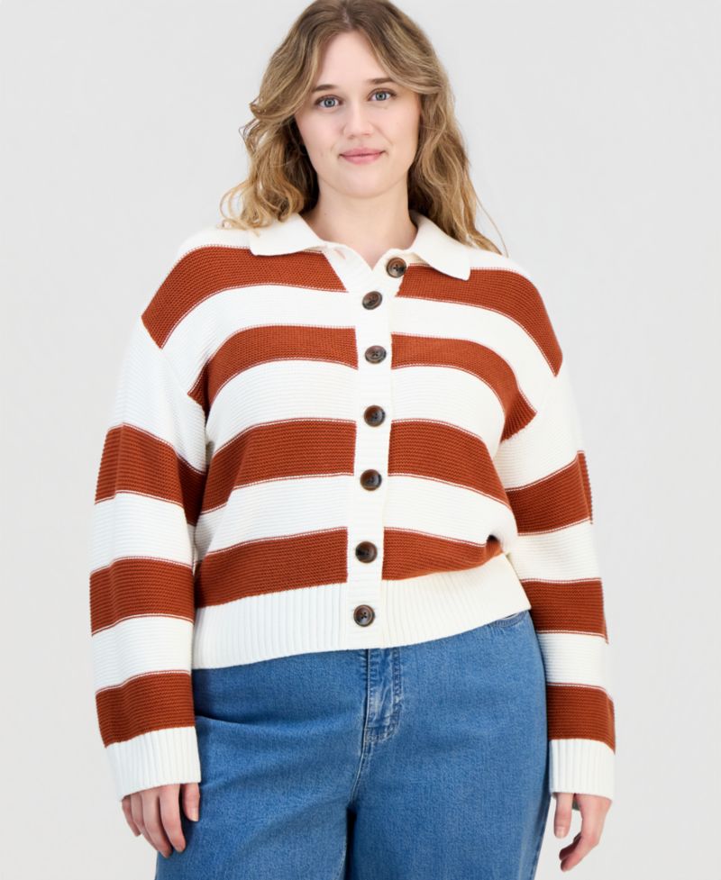 Trendy Plus Size Bold Stripe Button-Front Cardigan Sweater