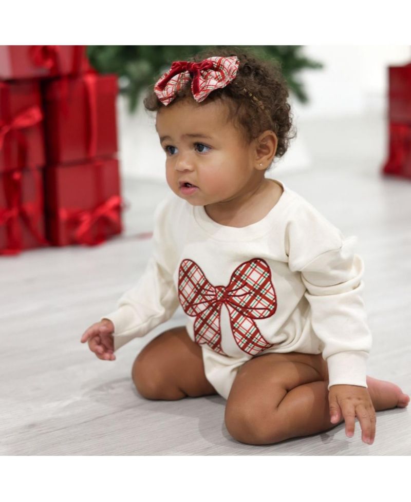 Baby Girls Christmas Plaid Bow Patch Long Sleeve Romper