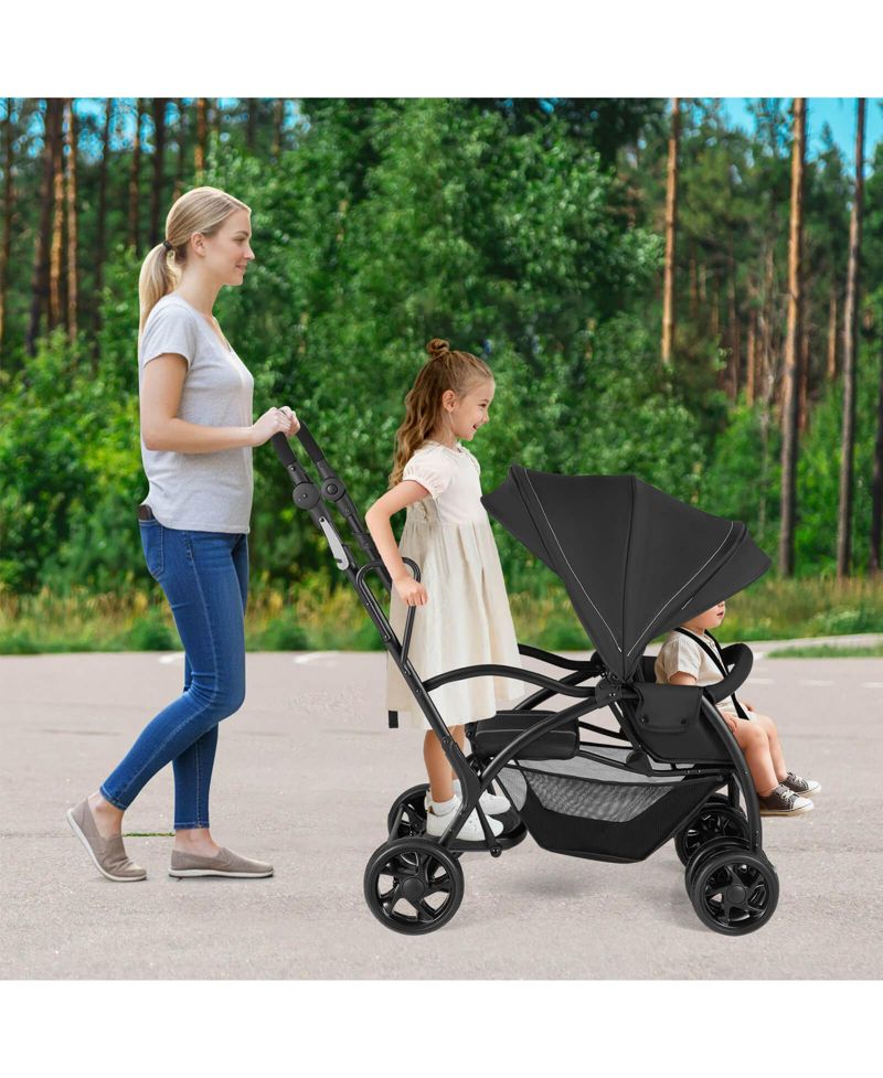 Sit and Stand Double Stroller with Adjustable Handle Bar Backrests Footrest Canopies