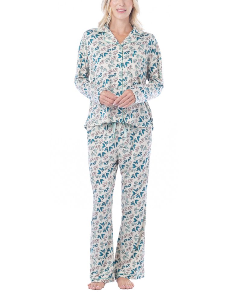 Women's Notch-Collar Long-Sleeve Print Pajama Set