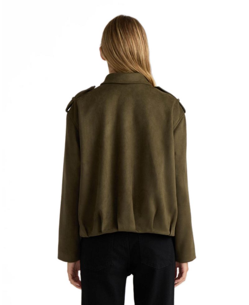 Women's Faux-Suede Pleated Shirt-Collar Bomber Jacket