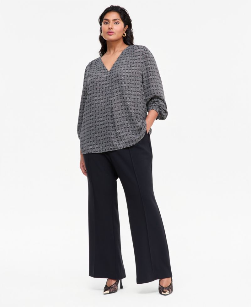 Plus Size Long-Sleeve V-Neck Geometric Blouse
