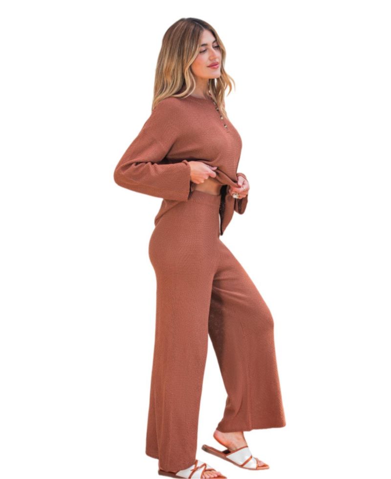 Women's Waffle-Knit Henley Top and Wide-Leg Pants Set