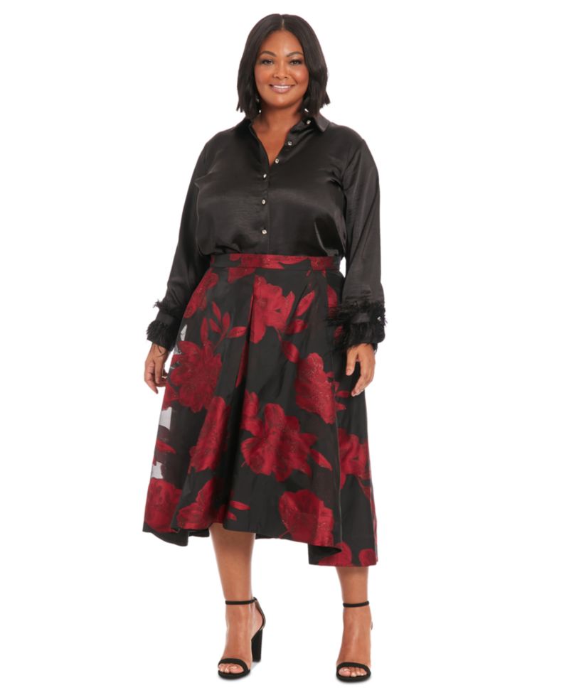 Plus Size Pleated Floral-Print Organza Skirt