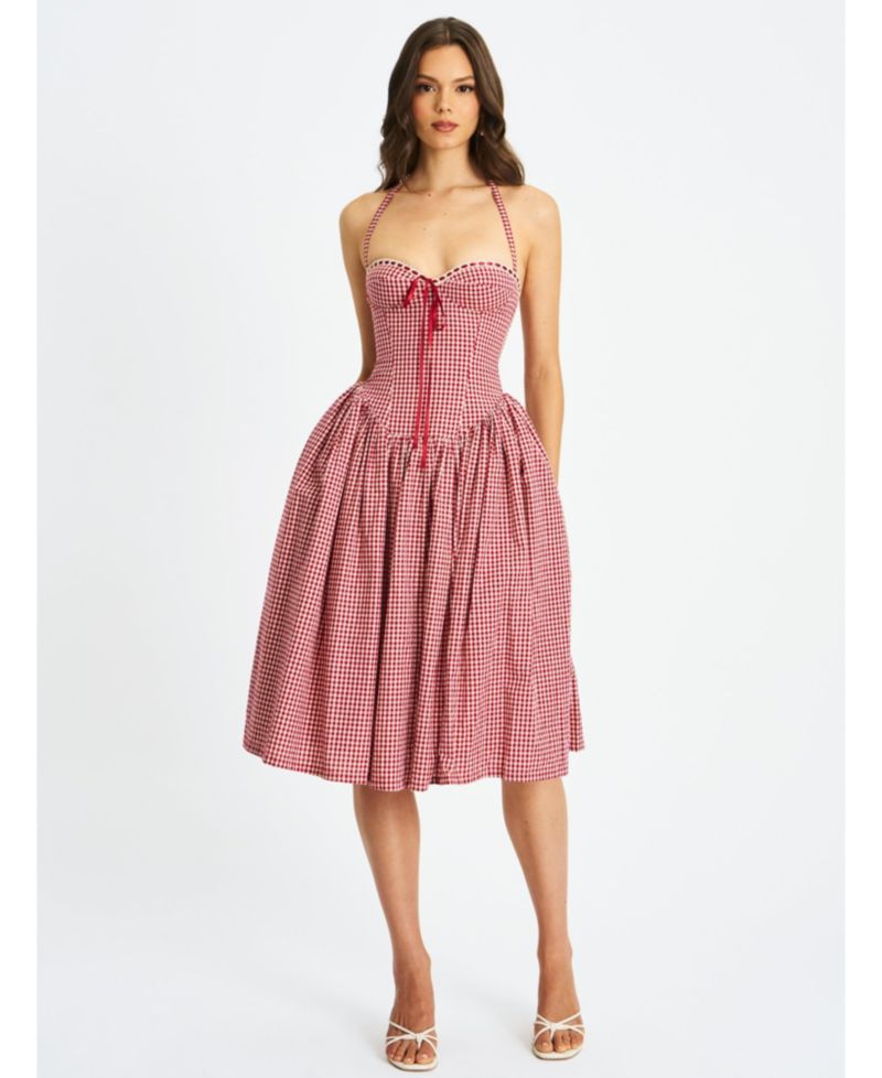 Women's Susanna Red Gingham Halter Drop Waist Midi Dress