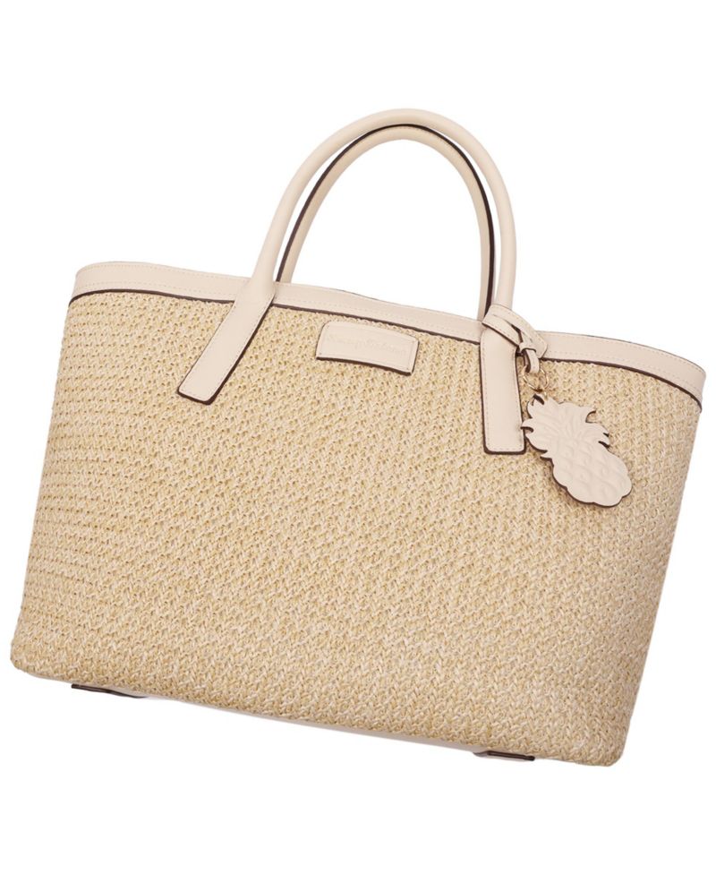 Raffia and PU Large Logo Tote - Woven Straw Beach Tote with Pineapple Charm