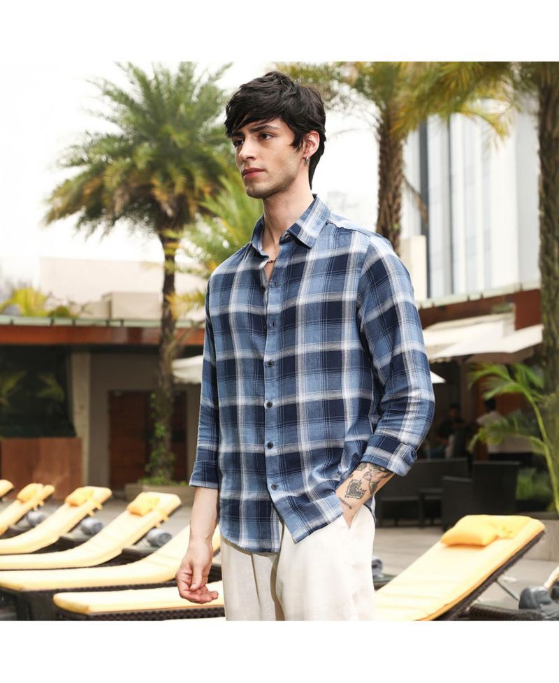 Men's Navy Blue & Off-White Multi-Checkered Shirt