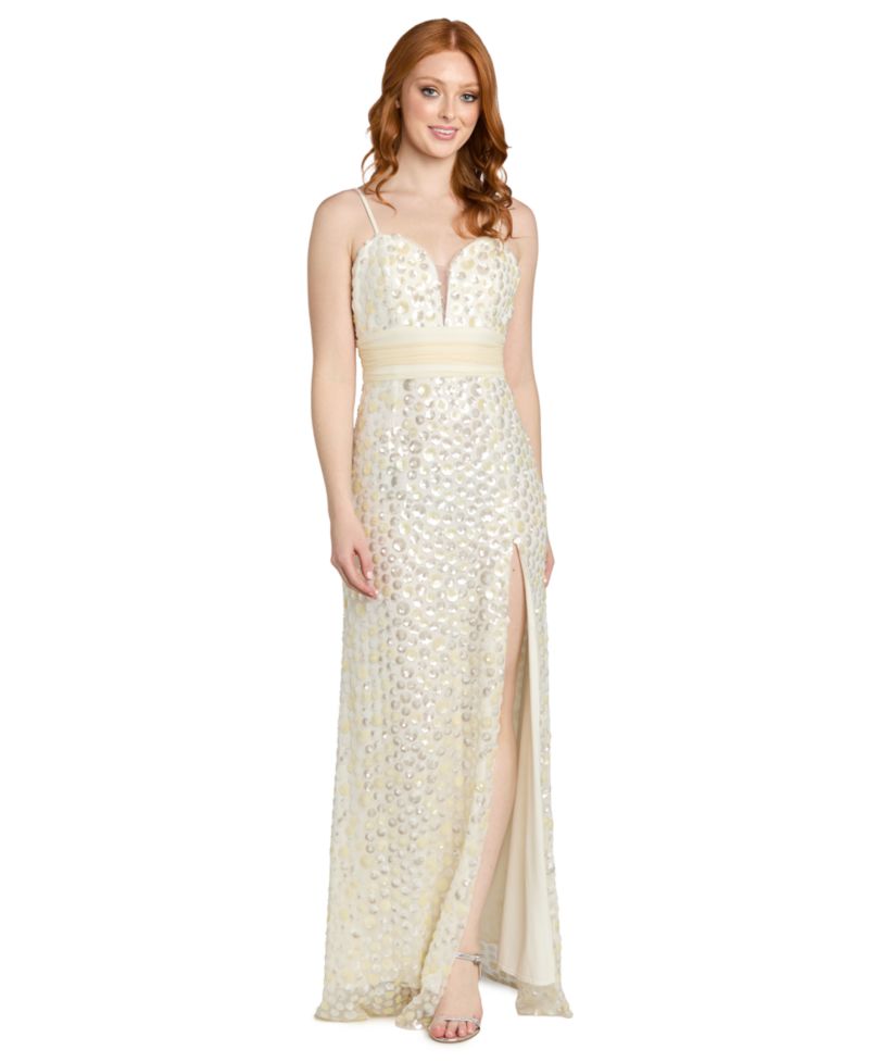 Juniors' Sequin Paillettes Front-Side Slit Long Gown