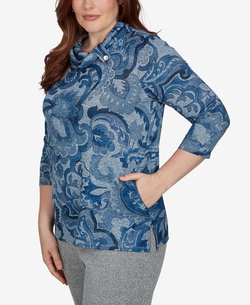 Women's Paisley Scroll Cowl Neck Pocket Top