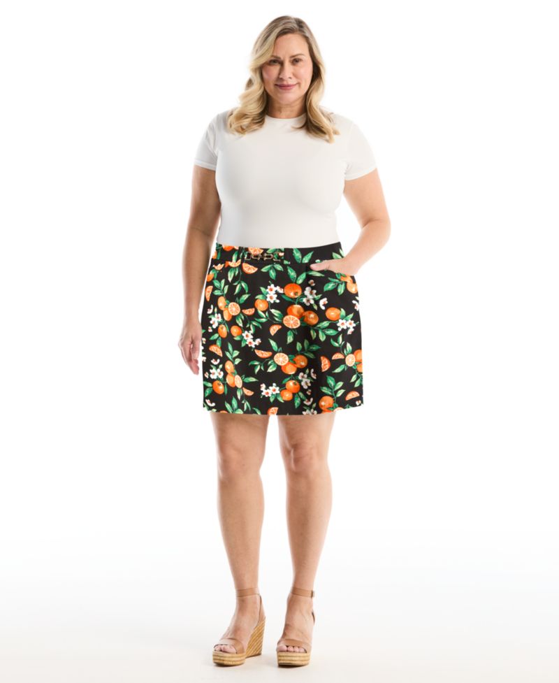 Plus Size Orange Print Horse Bit Belted Skort