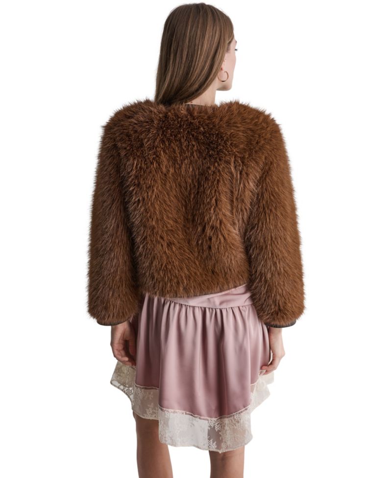 Women's Cropped Faux Fur Jacket with Faux Leather Trim