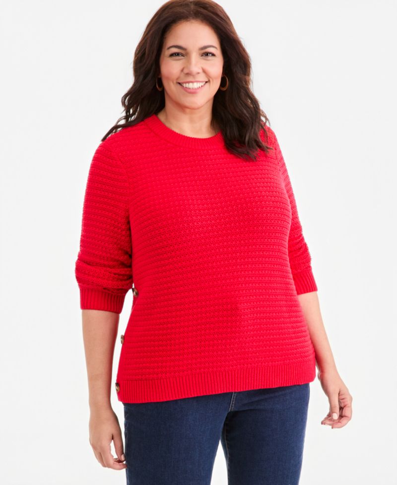 Plus Crewneck Ribbed-Knit Side-Button Sweater