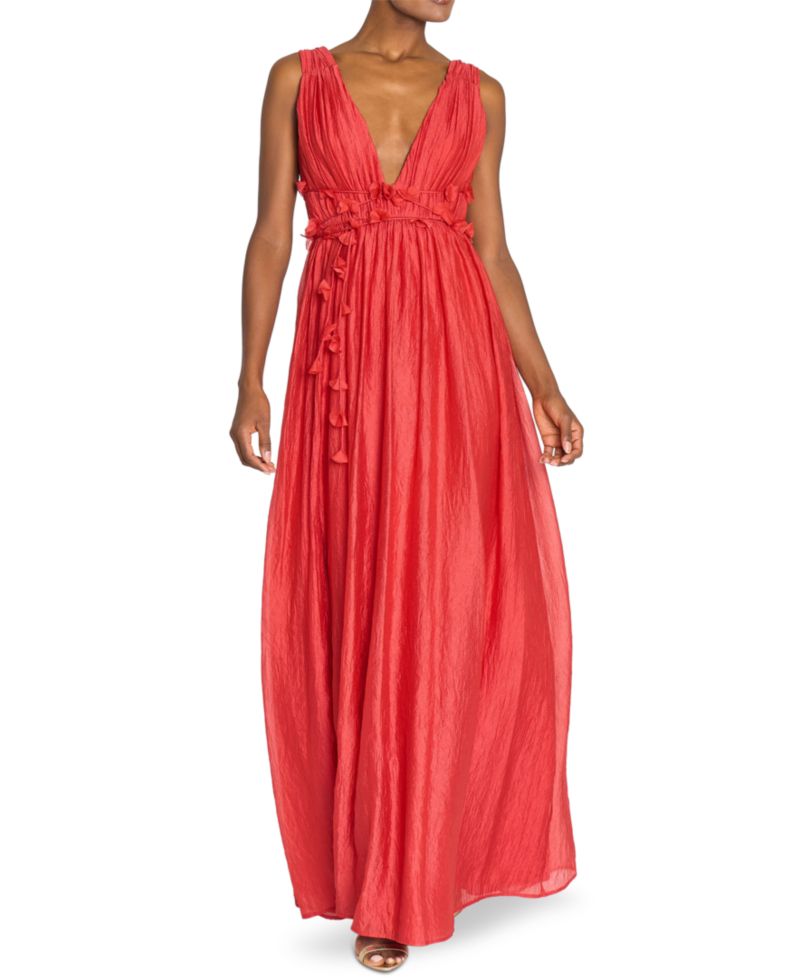 Women's V-Neck Long Gown with 3D Flower Details at Waist