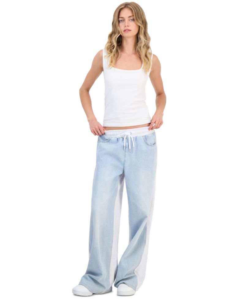 Juniors' Mixed-Media Wide-Leg Sweatpant Jeans