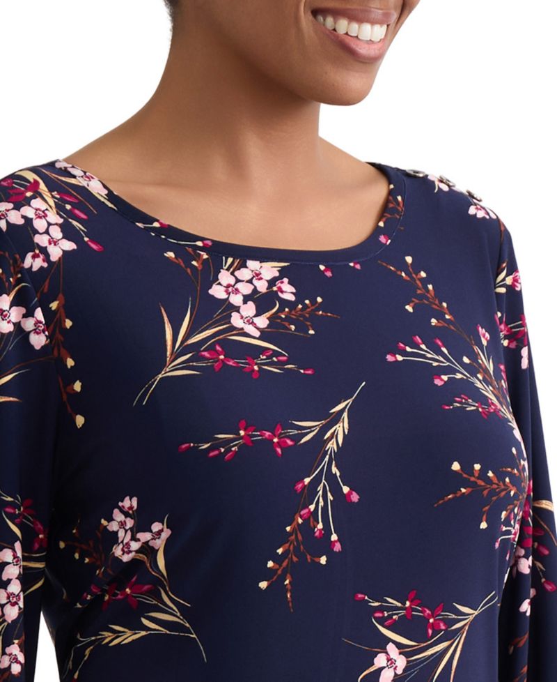 Petite Floral Shoulder-Button Box Top Blouse