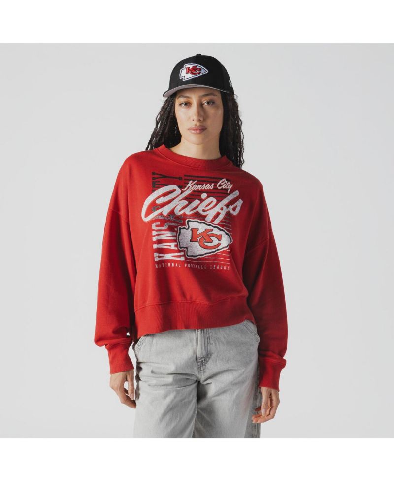 Women's Red Kansas City Chiefs Oversized Throwback Mineral Wash Crew Neck Sweatshirt