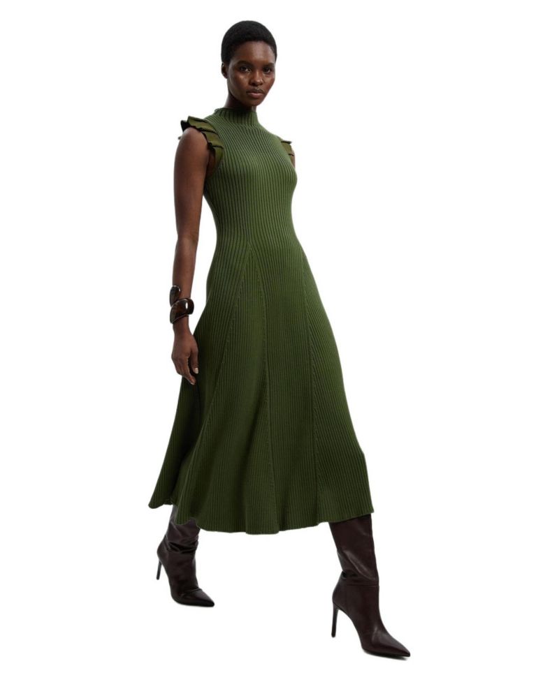Women's Pointelle Frill Sleeve Knit Midi Dress