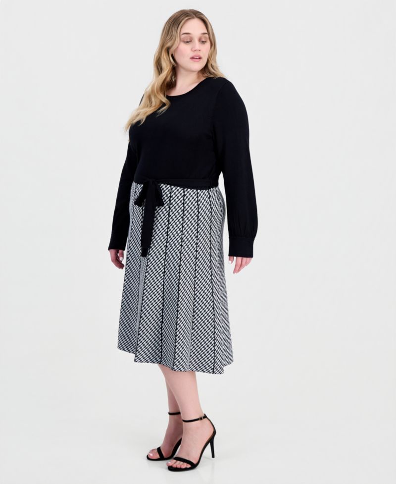 Plus Size Combo Skirt Long-Sleeve Knit Midi A-Line Dress