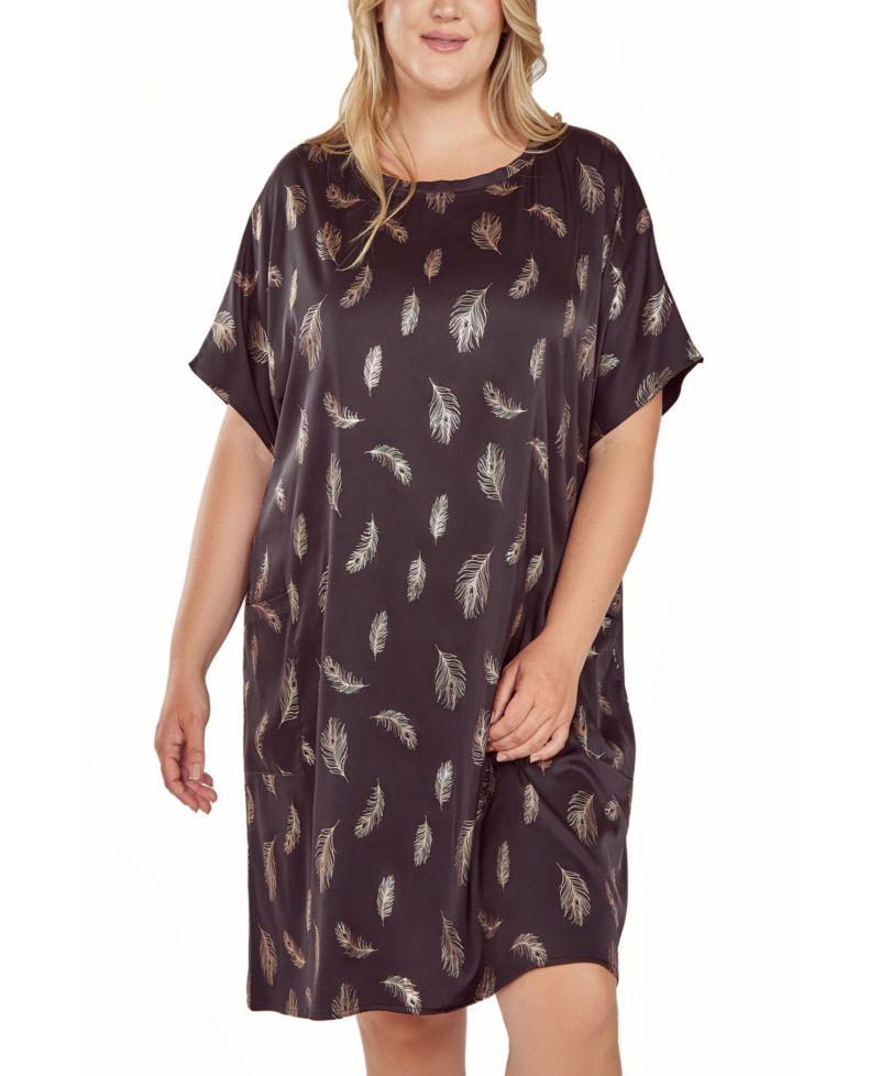 Plus Size Silky Pocket Shift Sleepshirt Nightgown in Feather Print