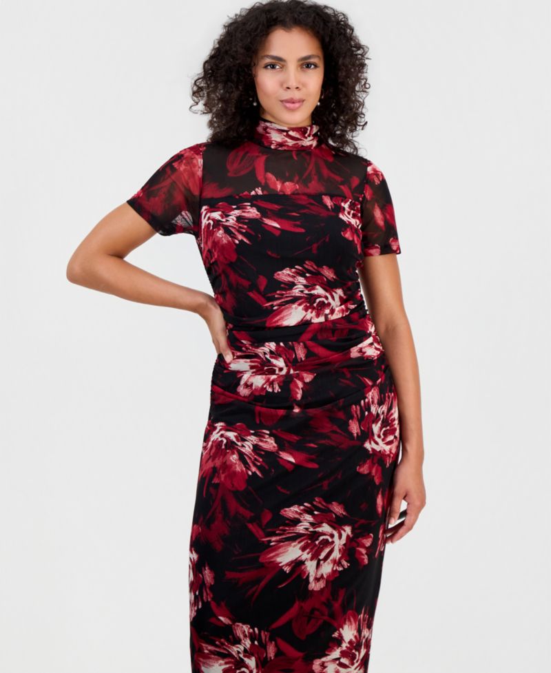 Women's Floral-Print Short-Sleeve Mesh Dress