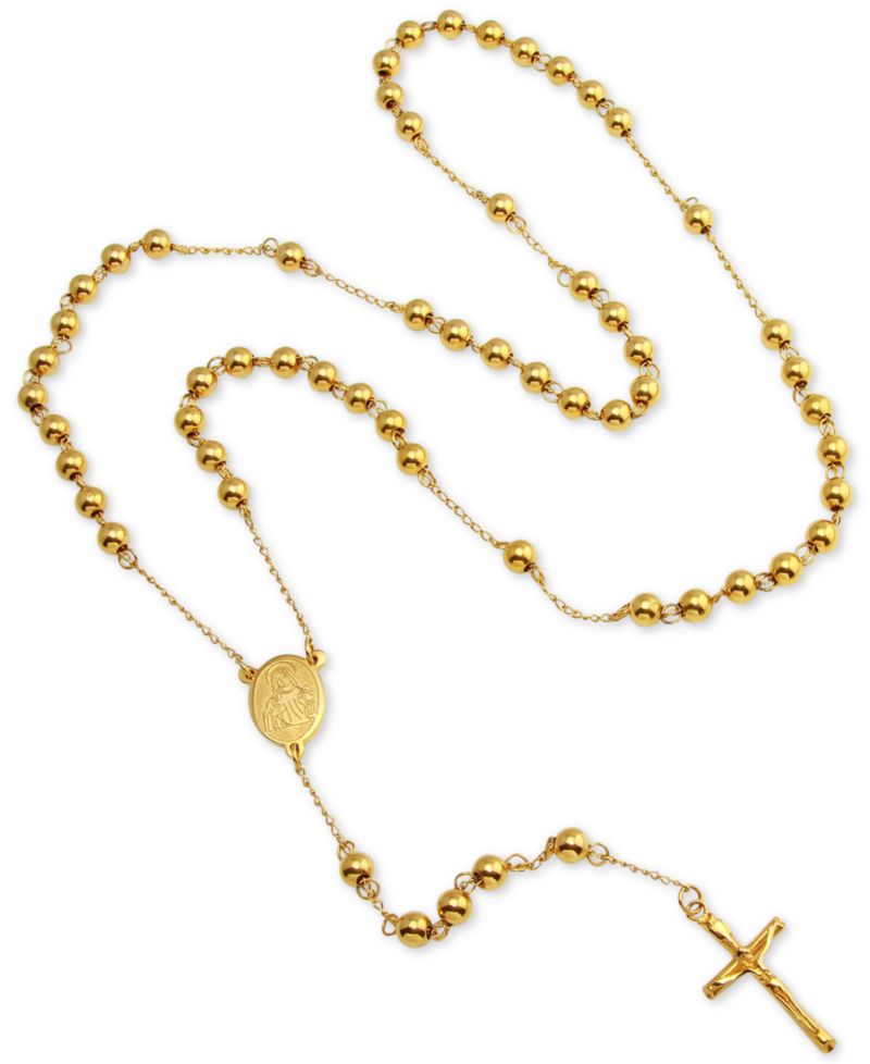 Men's Beaded Cross 28" Rosary Necklace in Yellow Ion-Plated Stainless Steel
