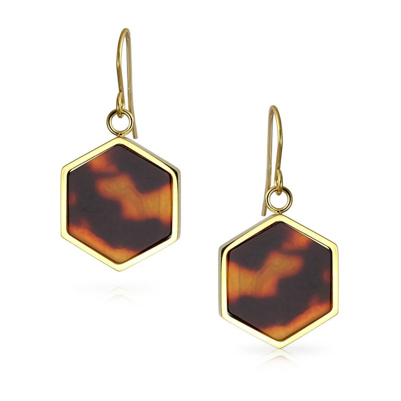 Hexagon Shape Faux Brown Tortoise-Shell Dangle Drop Earrings Gold Tone