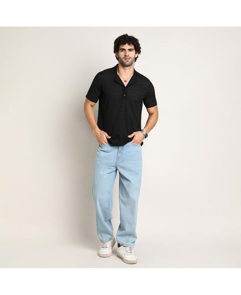 Men's Onyx Black Panel-Tactile Cuban Polo T-Shirt