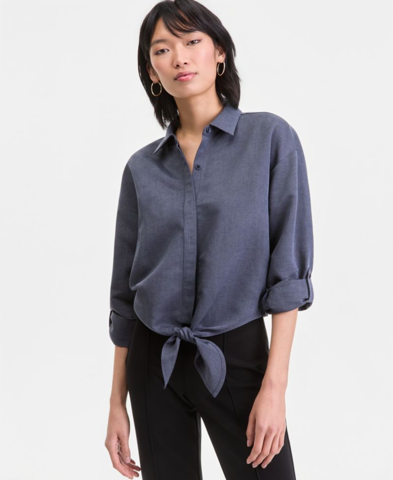 Women's Linen-Blend Button-Front Tie-Hem Shirt