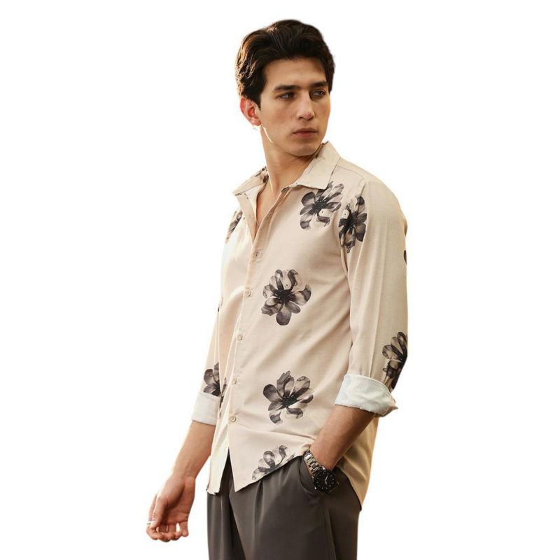 Men's Ecru Beige & Midnight Black Withering Flora Imprint Shirt