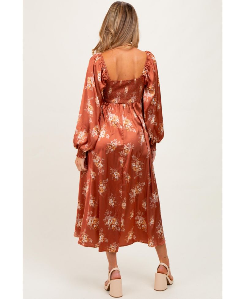Women's Rust Satin Floral Bubble Sleeve Midi Dress