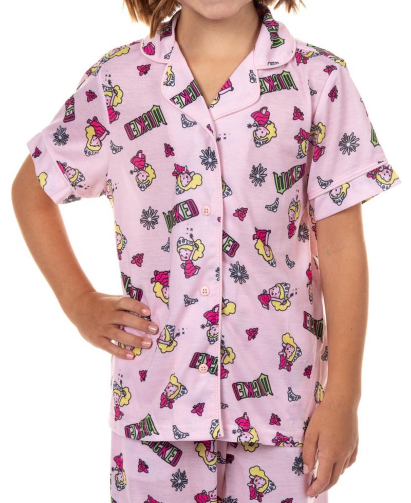 Pajamas Girls' Kids Glinda Chibi Crown Butterfly 2PC Coat Front Pajama Pant Set
