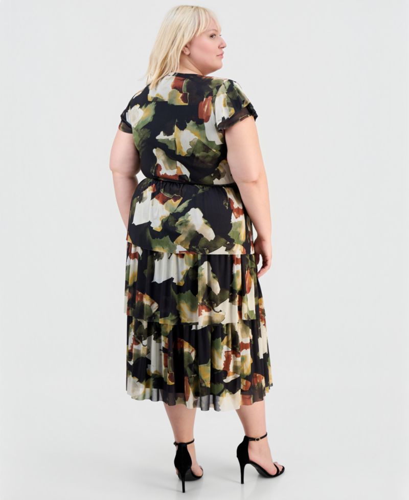 Plus Size Printed Tiered V-Neck Midi Dress
