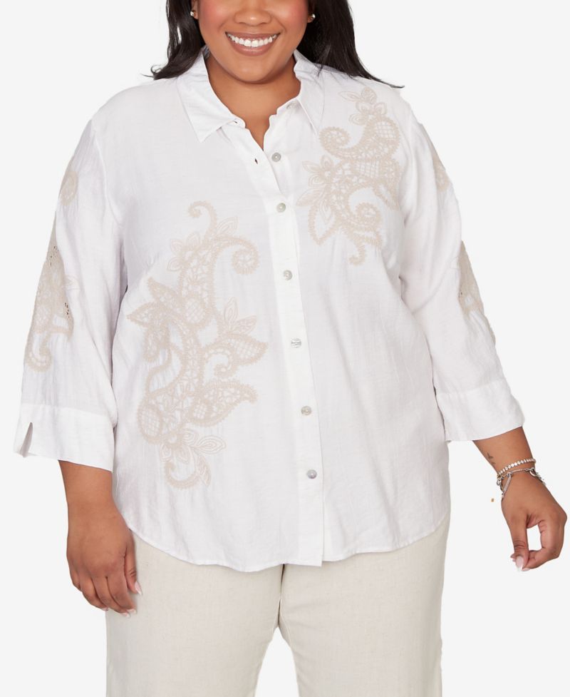 Plus Size Natural Wonder Scroll Soutache Button-Front Closure Top