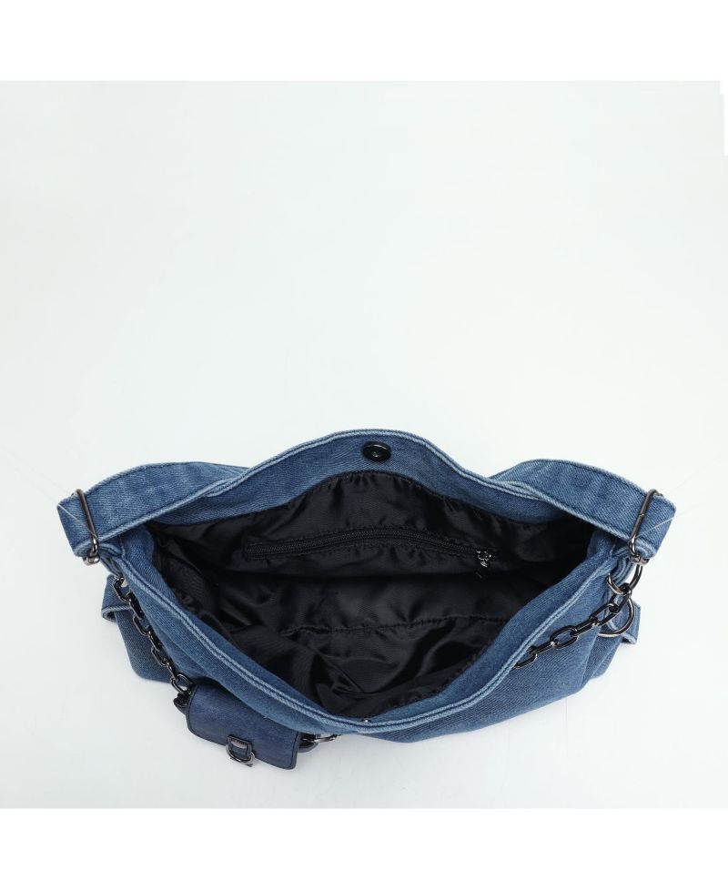 Women's Drift Hobo Bag Slouchy Shoulder Bag Crossbody Purse Casual Washed Denim Handbag with Chain Accent